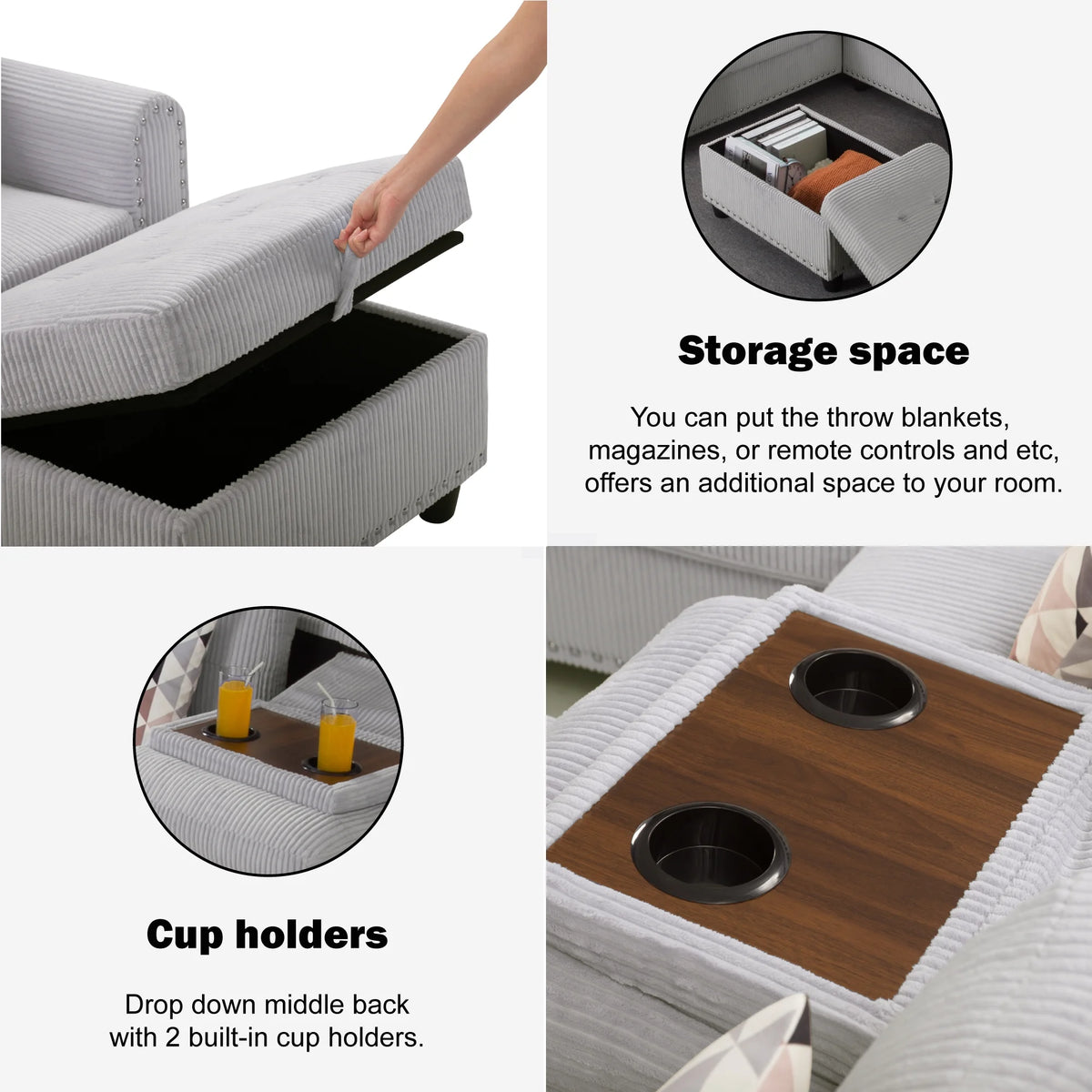 AENKYO 95�� L-Shaped Corduroy Modular Sectional Sofa with Ottoman & Cup Holders �C Living Room Couch for Apartments��Light Gray