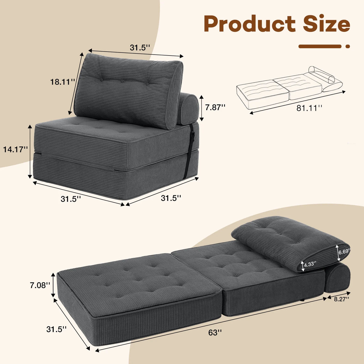 Hommpa Folding Sofa Bed Foldable Couch Bed Convertible Futon Chair with High Density Foam Filling with Pillow for Adult,Comfort chair bed for Living Room Bedroom,Gray,Single