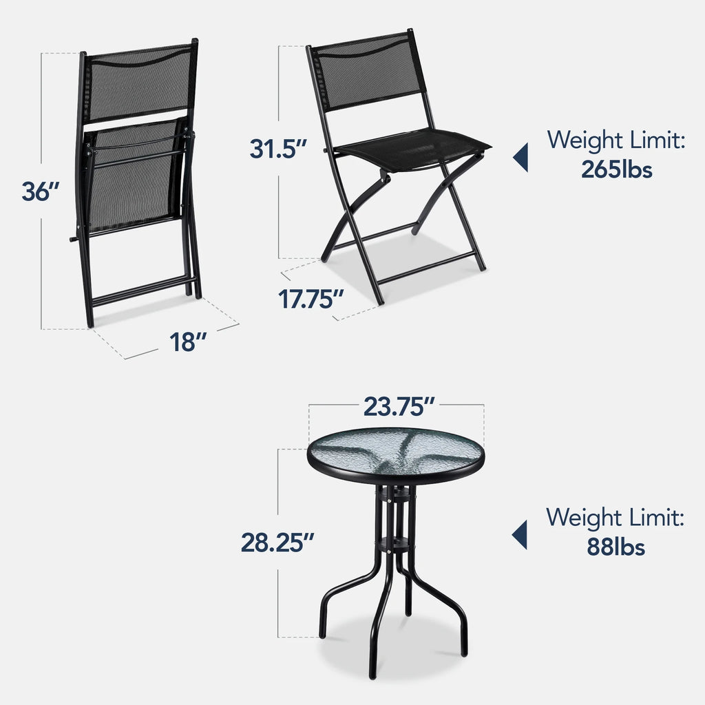 Best Choice Products 3-Piece Patio Bistro Dining Furniture Set w/ Glass Tabletop, Folding Chairs - Gray