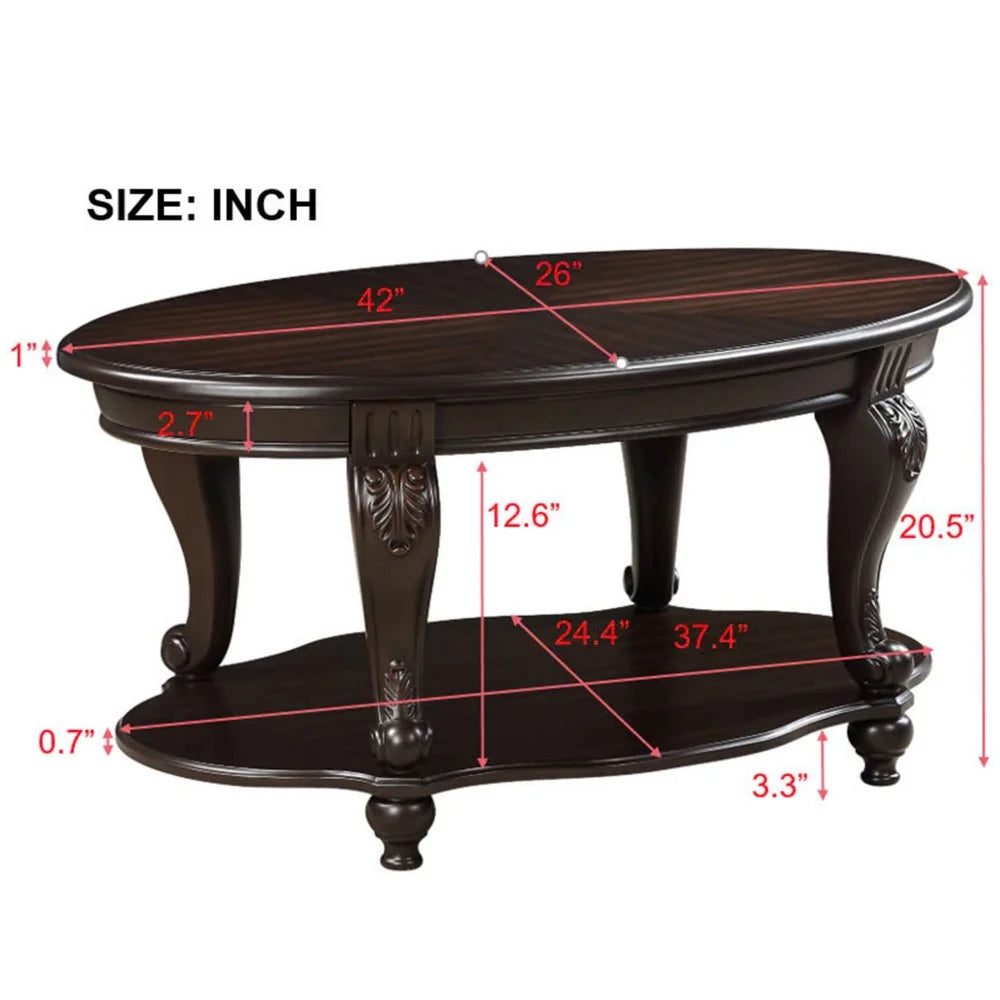 42" Oval Coffee Table with Storage Shelf, 2-Tier Solid Wood Cocktail Tea Table, Traditional Retro Center Table for Living Room, Bearing 400LBS, Cherry