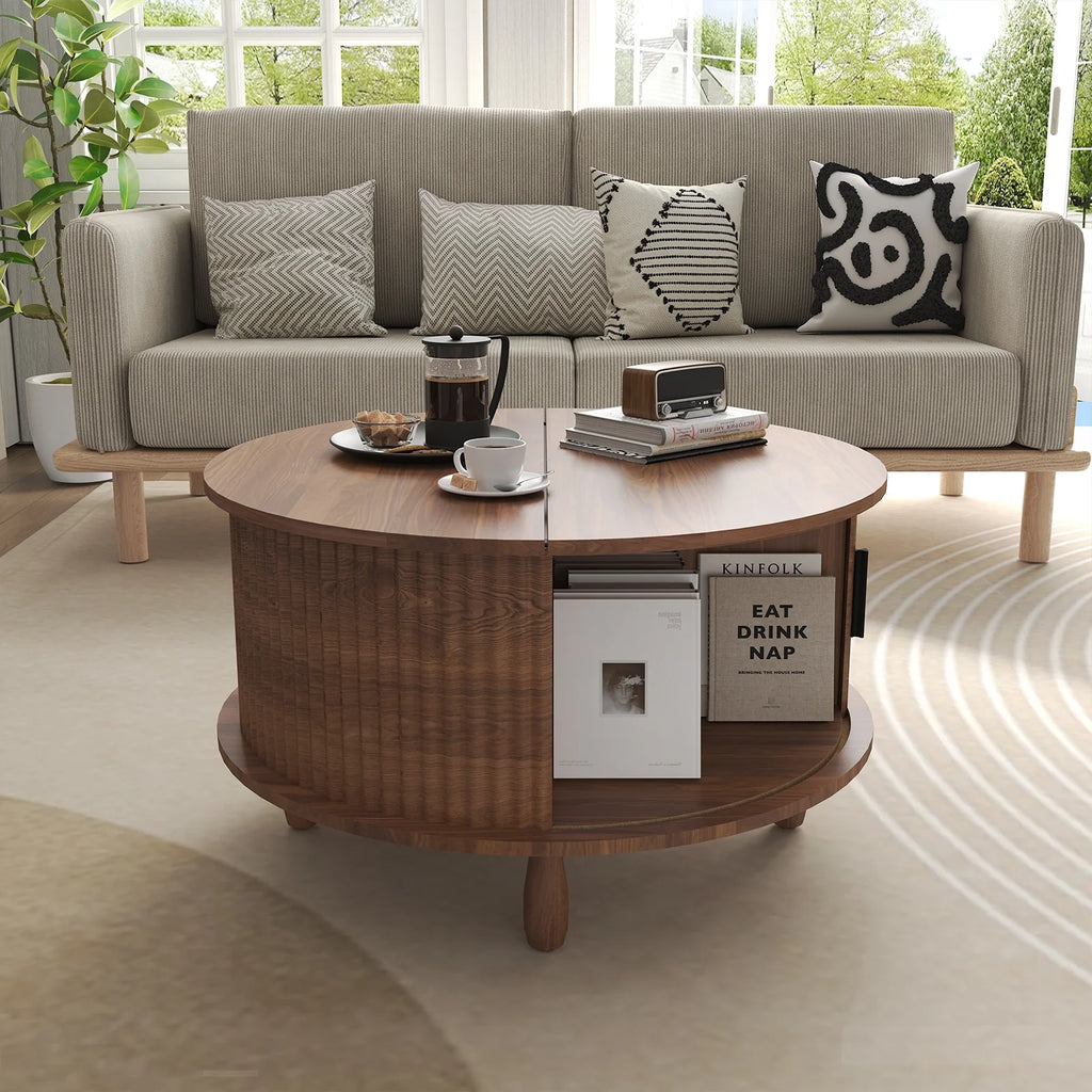 RUMLIVE Round Coffee Table with Storage, 30.7" Modern Coffee Table with 360�� Curved Sliding Door, Fluted Wood Coffee Table with Footpads, Round Center Table for Living Room, Black