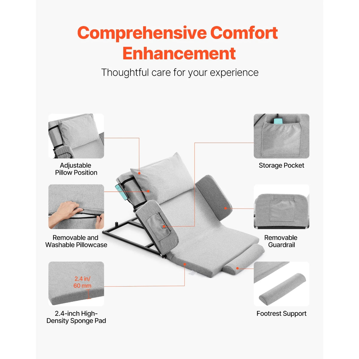 KFFKFF Electric Adjustable Bed Backrest, 300 lbs Capacity, 4-68�� Incline, with Armrest & Storage Pocket, Machine Washable, Ideal for Pregnant Women, Elderly, and Patients