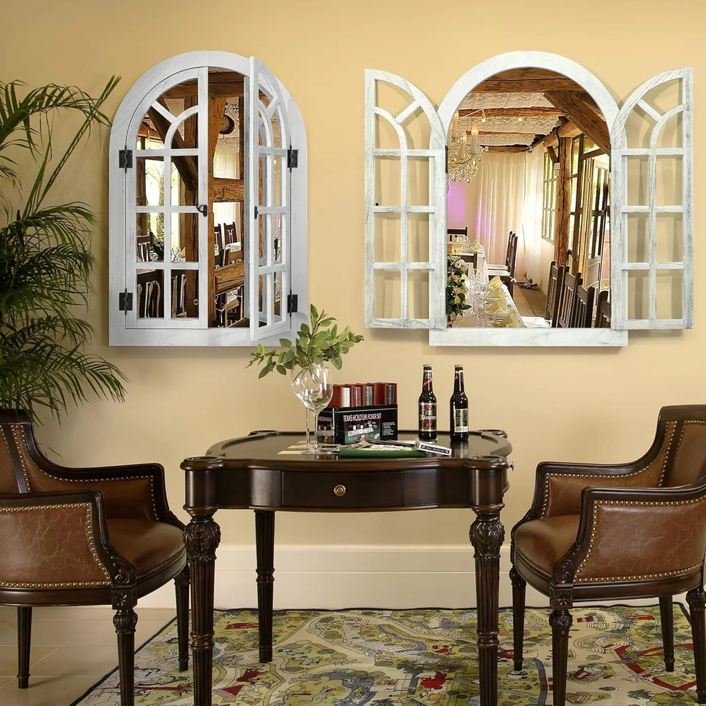 Window Mirrors for Wall Decor -White Arched Wall Mirror Farmhouse Wall Decor Wood Frame Decorative Wall Mirrors Like Window for Bedroom, Living Room, Entrance, Dining Room