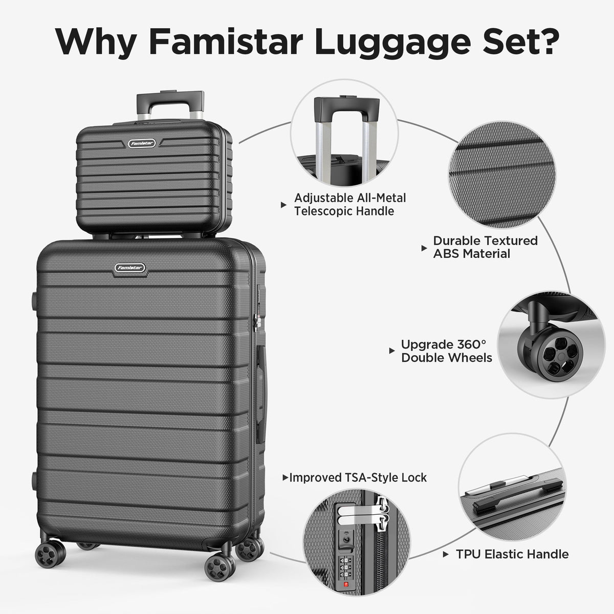 Famistar 11 Piece Hardside Luggage Suitcase Set with 360�� Double Spinner Wheels TSA Style Lock, 14�� Travel Case, 20" Carry-On Luggage, 24" Checked Luggage and 28" Checked Luggage, Black