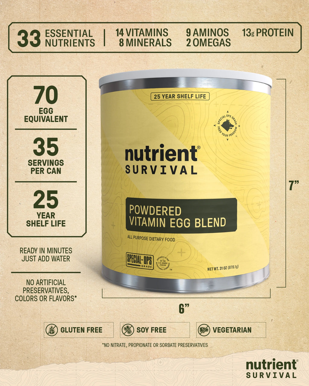 70 Egg Equivalent Nutrient Survival Vitamin Powdered Eggs Blend, Freeze Dried Prepper Supplies & Emergency Food Supply, 33 Essential Nutrients, Gluten Free, Shelf Stable Up to 25 Years