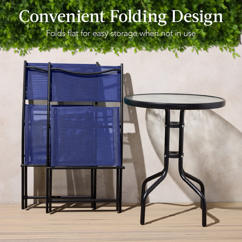 Best Choice Products 3-Piece Patio Bistro Dining Furniture Set w/ Glass Tabletop, Folding Chairs - Gray