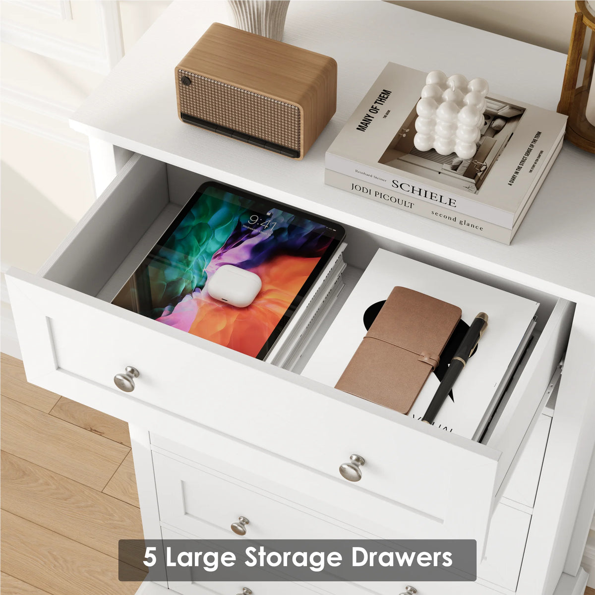 Homfa 5 Drawer Bedroom Dresser, Tall Wood Nightstand Storage Cabinet for Office Living Room,Gray