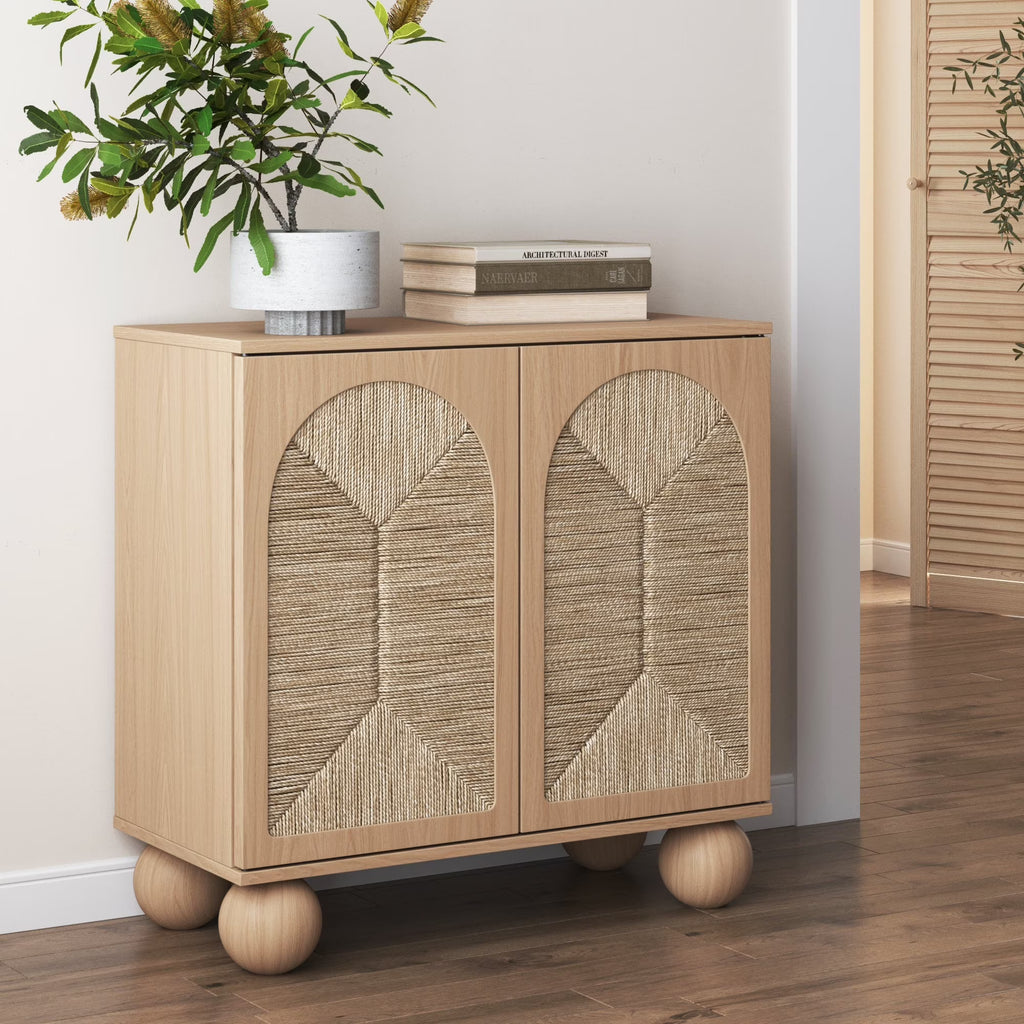 Nathan James Leah Boho Entryway Storage Cabinet or Sideboard Cabinet for Kitchen or Living Room with Ball-Style Feet, Natural Seagrass Door Fronts and Solid Wood Legs, Raw Oak
