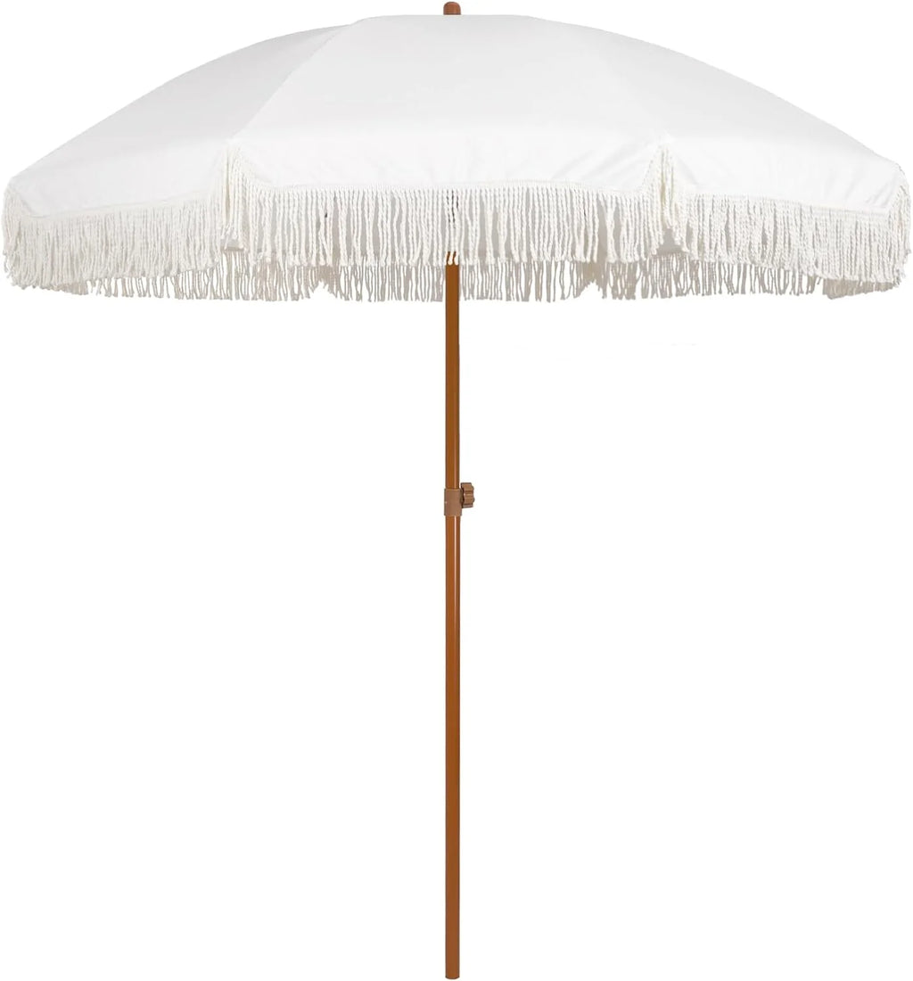 7ft Patio Umbrella with Fringe Outdoor Tassel Umbrella UPF50+ Premium Steel Pole and Ribs Push Button Tilt, Riviera Pink Stripe