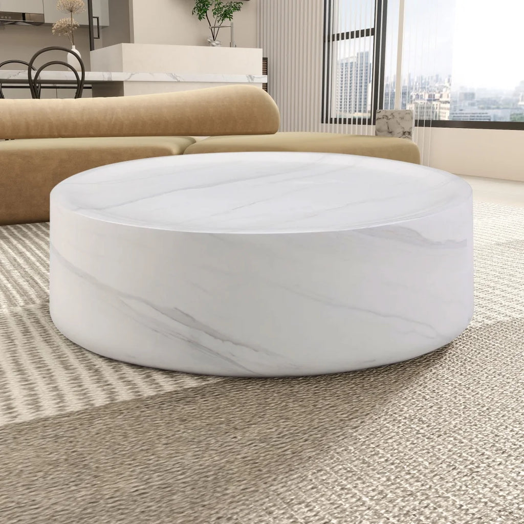 31.49'' Round Coffee Table with Marble Texture, Modern Low Drum Circle Fiberglass Coffee Table, Side Table Accent Table for Living Room, Outdoor, No Need Assembly, Marble