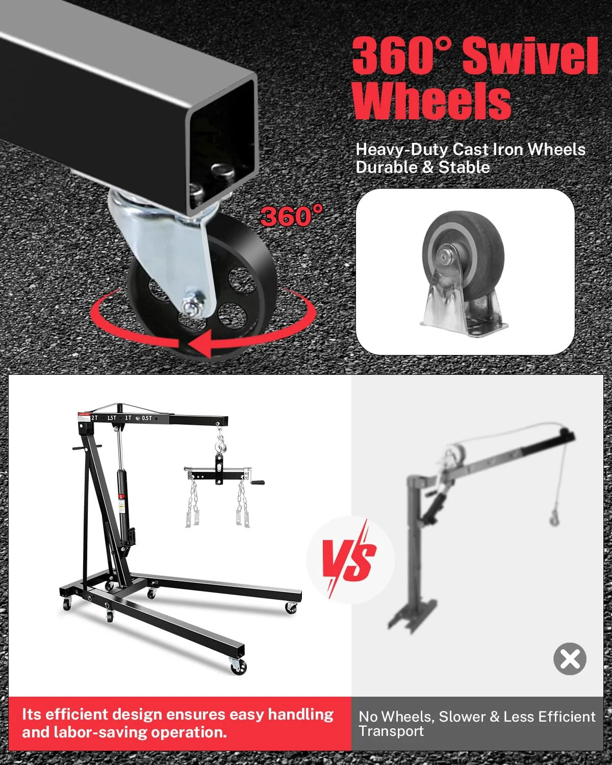 Garvee 2-Ton Shop Crane with Lever, Hydraulic Folding Engine Hoist w/6 Steel Casters - Lift Car Transmissions, Boat Motors, Farm Equipment