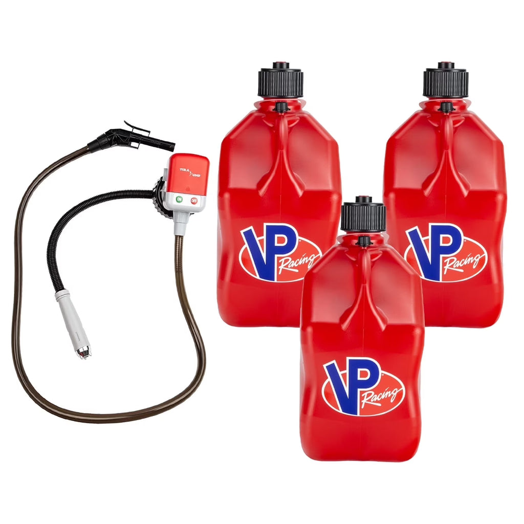 VP Racing 3512-CA, 5.5-Gallon Square Motorsport Jug Red (3 Pack), w/Utility Jug Battery Powered Fuel Transfer Pump (1 Pack)