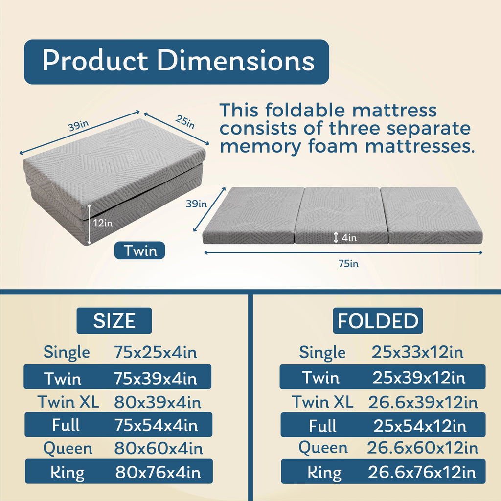 Ego 4 inch Tri Folding Memory Foam Mattress, Portable Guest Bed, Queen Size