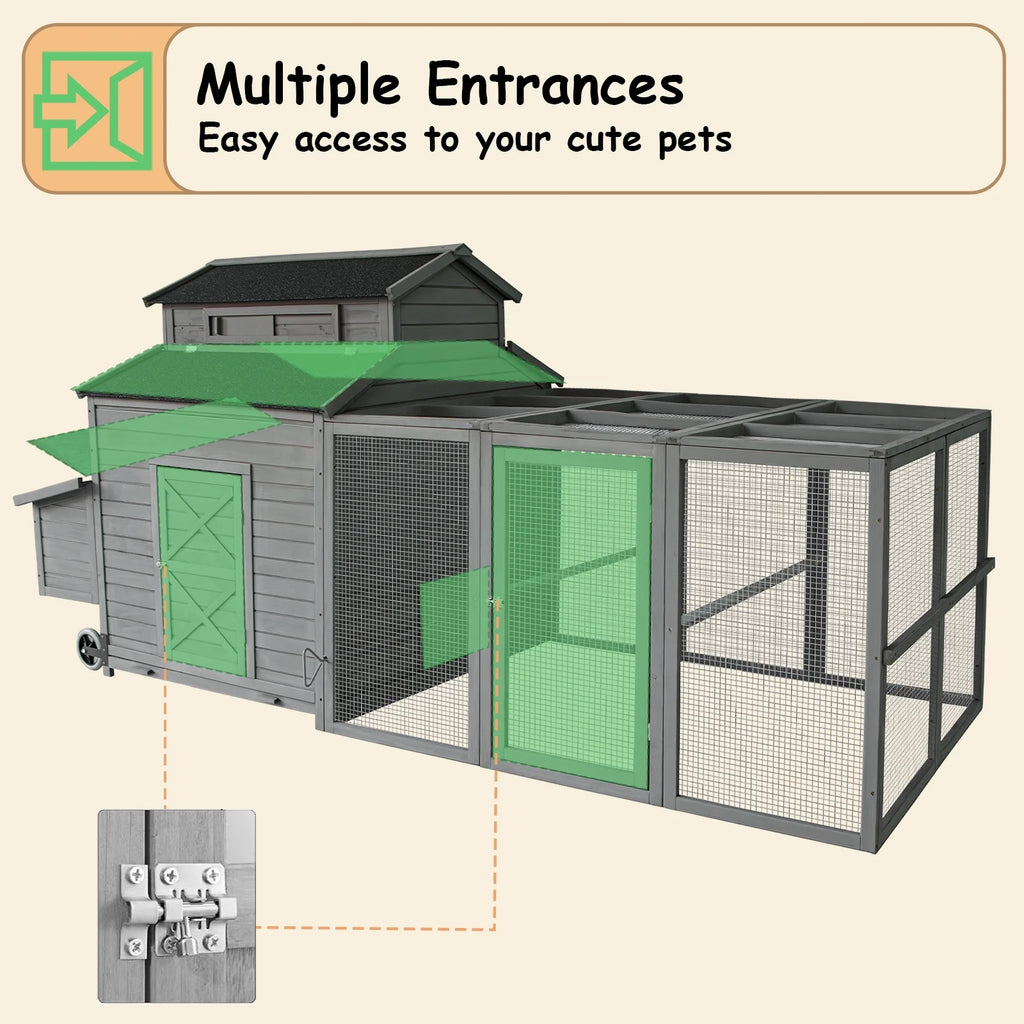 Chicken Coop for 6-10 Chickens, 112" Extal Large Chicken Coops, with Chicken Run & Nesting Box & Secure Enclosure, Outdoor Wooden Hen House Hutch for Rabbit, Poultry Pet, Duck