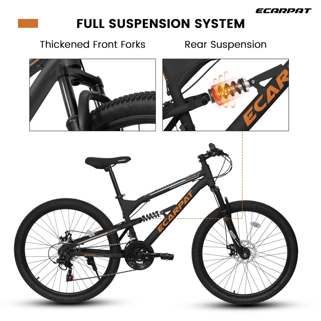 26 Inch Mountain Bike, Dual Full Suspension 21-Speed Disc Brakes Thumb Shifter, Carbon Steel Frame Mountain Bike, Mens Womens Trail Commuter City Bicycles