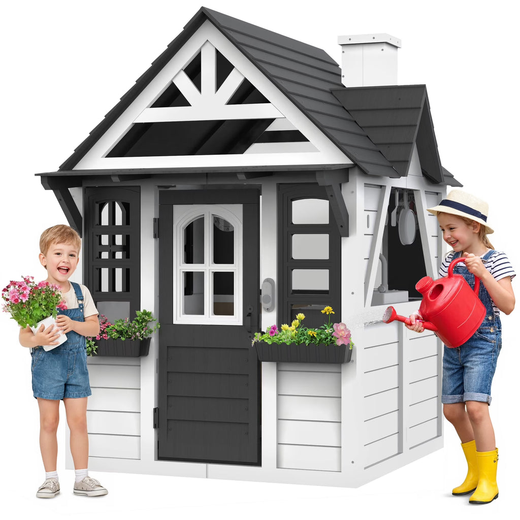 COCLUB Outdoor Playhouse for Kids Ages 4-8, Wooden Play House with Doorbell, Phone, Kitchen Toys, Outdoor Kids Play Equipment, Casa Para Ni?as (45��L x 65��H), White & Black