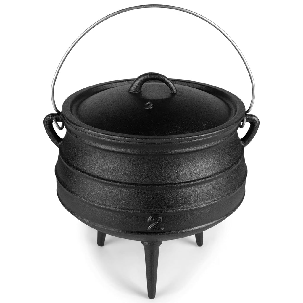 Bruntmor 8-Quart Pre-Seasoned Cast Iron Cauldron - African Potjie Pot with Lid - 3-Legged Pot for Even Heat Distribution - Outdoor Cast Iron Dutch Oven Cookware for Campfire Cooking and Boiling