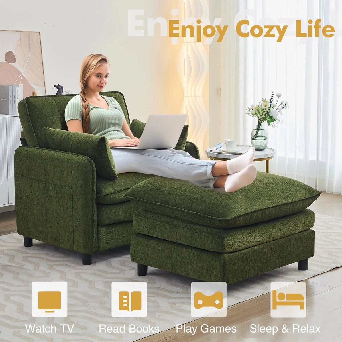 Aemeios Upholstered Chenille OversizedAccent Armchairs with Ottoman and Side Pocket, Cream