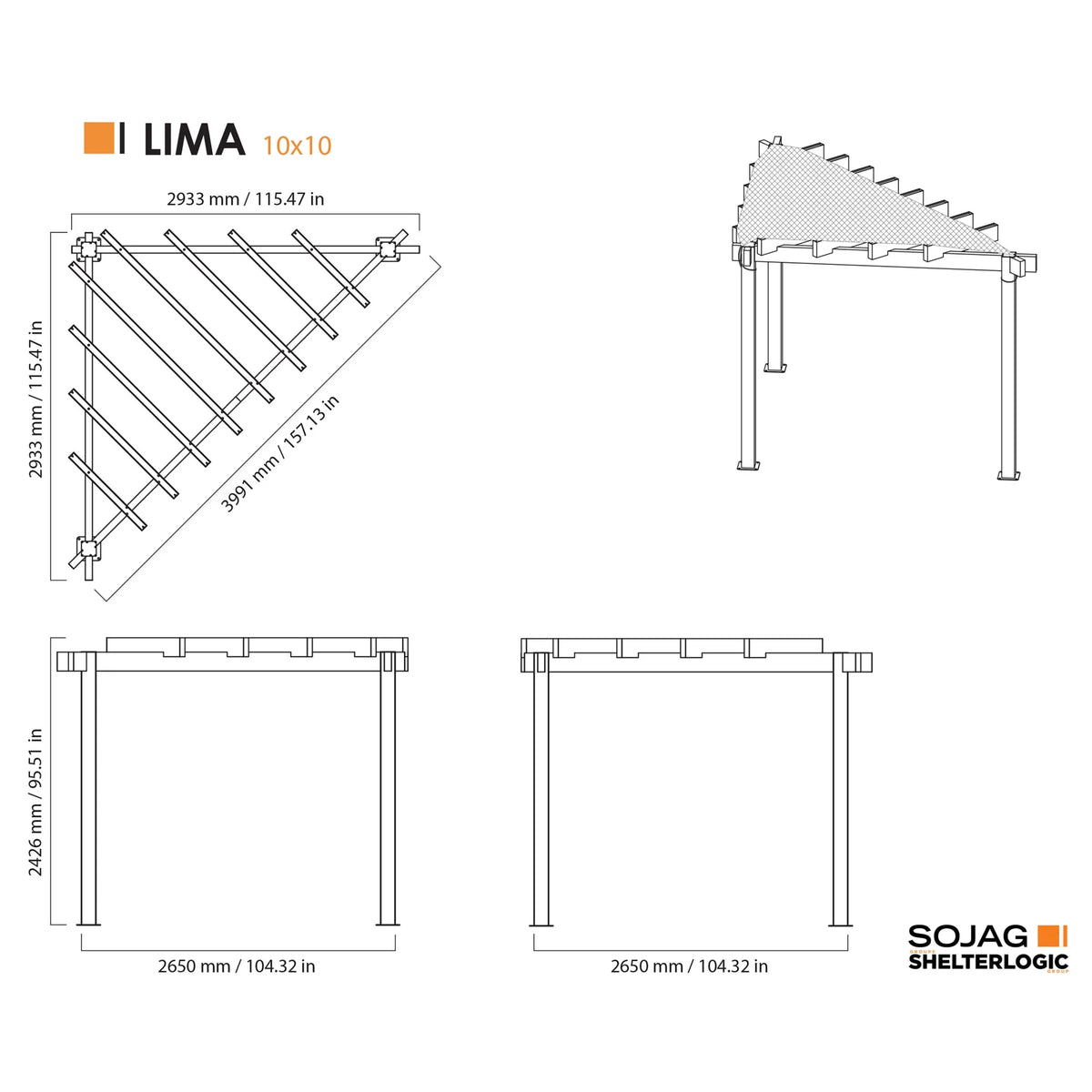 Sojag Rustproof Aluminum Frame Pergola, PVC-Coated Canopy for UV Protection, Contemporary Design for Garden or Yard, 10' x 10', Lima Grey