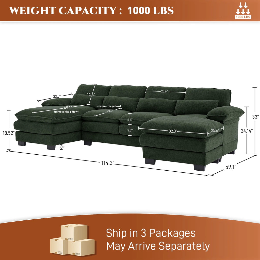 Rophefx 114.3" U Shaped Sectional Couches for Living Room,Cloud Couch,4 Seats Chenille Couch with Double Layer Cushion,Orange