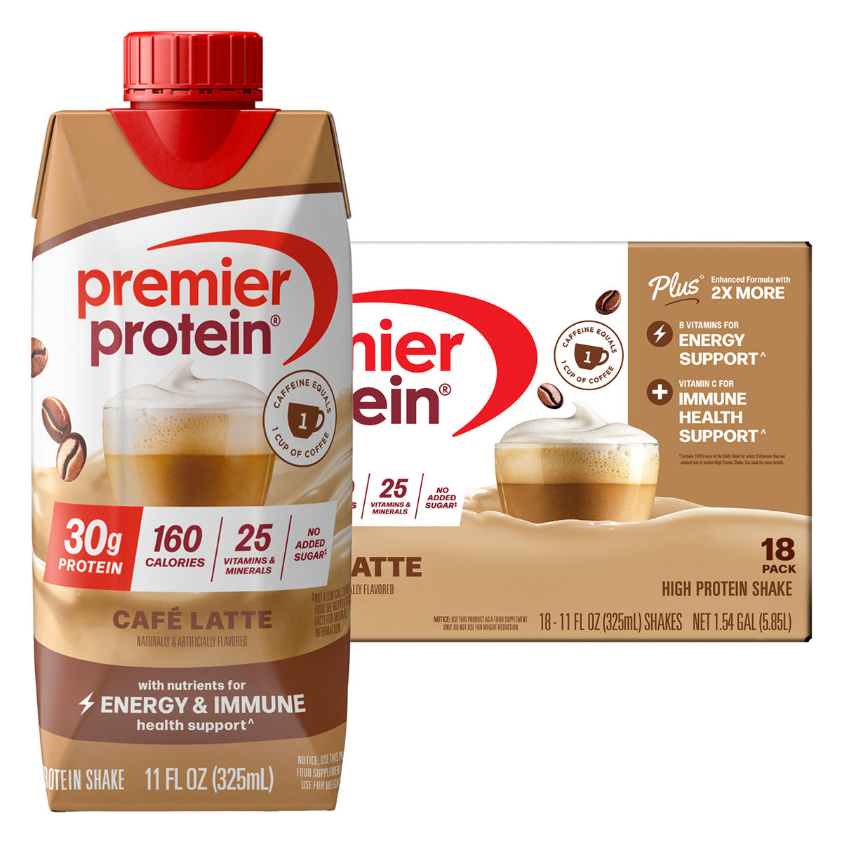 Premier 30g Protein PLUS Energy and Immune Support Shakes, Cafe Latte, 11 fl oz, 18-pack