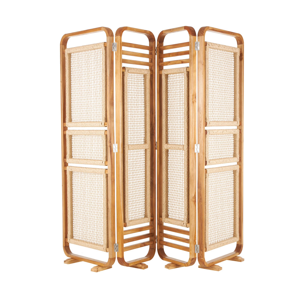DecMode 79" x 70" Brown Teak Wood Handmade Foldable Partition 4 Panel Room Divider Screen with Woven Rattan Panels, 1-Piece