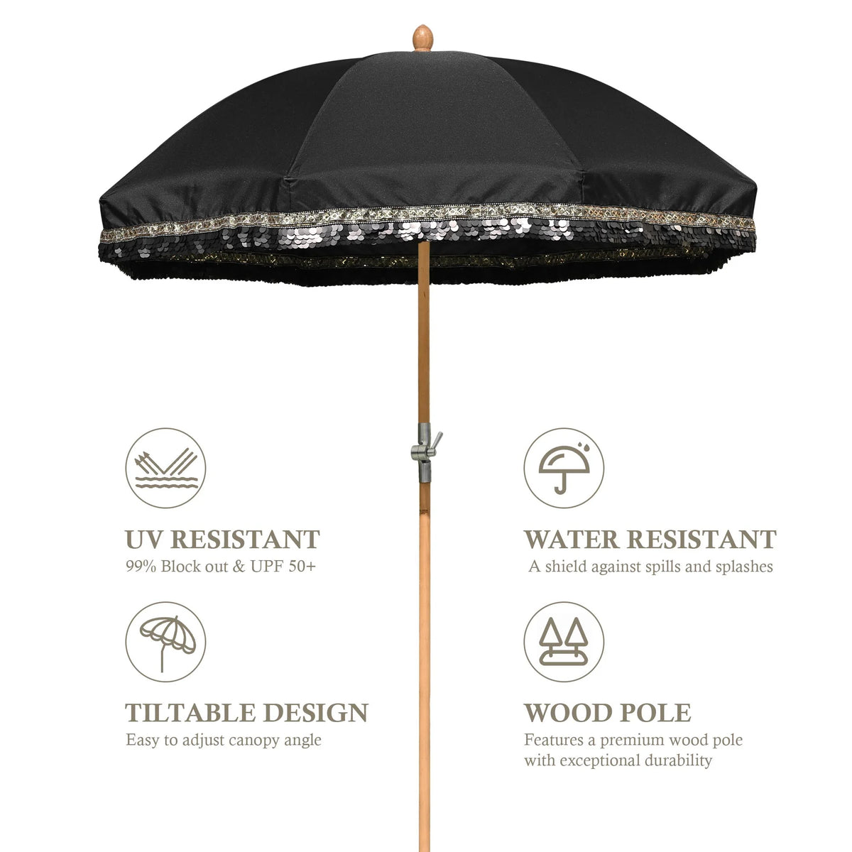LAGarden 6 Ft Fringe Patio Umbrella with Tassel Jazz Age Wood UPF50+ for Outdoor, Beige with gold tassel,Model: JZ6-01