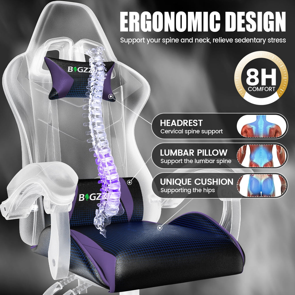 Bigzzia Gaming Chair Office Chair, Ergonomic Game Chair with Height Adjustable Headrest and Lumbar Support for Adults Teens, Black & White