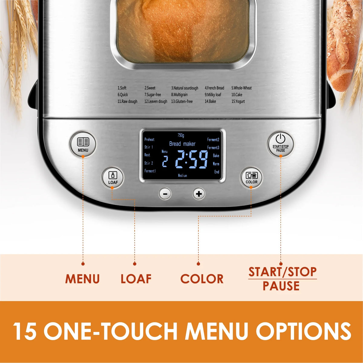 Kitchen in the box 15-in-1 Bread Machine, 2LB Stainless Steel Automatic Bread Maker with Recipes-Silver