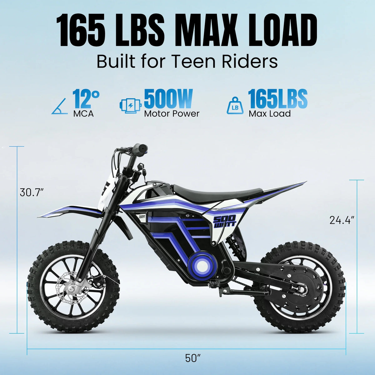 QEASET electric dirt bike, 500W kids dirt bike for Boys Girls Age 8-14, Blue