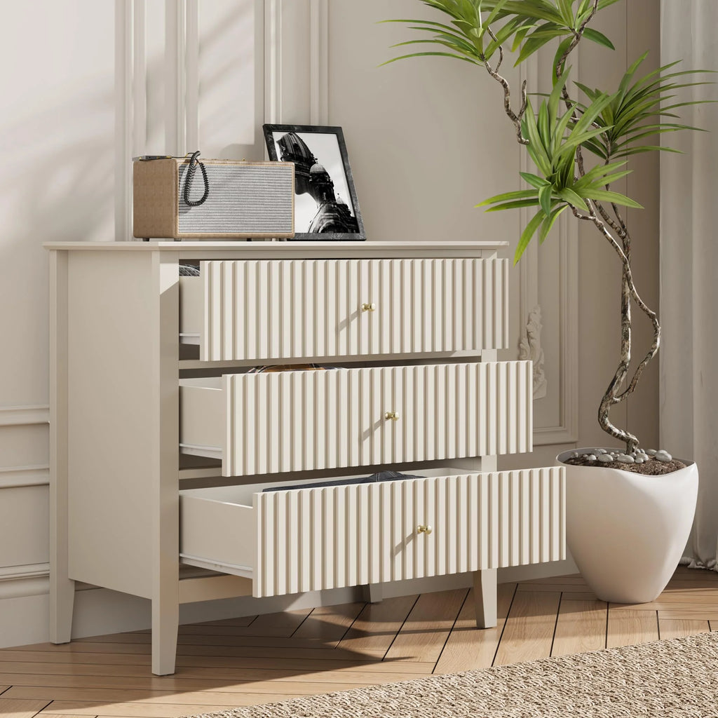May Color Large White 3 Drawer Dresser Set of 2 with Fluted Panel, Modern Chest of Drawers with Silent Slide Drawers, Wood Accent Nightstand with Storage for Bedroom Living Room, Hallway