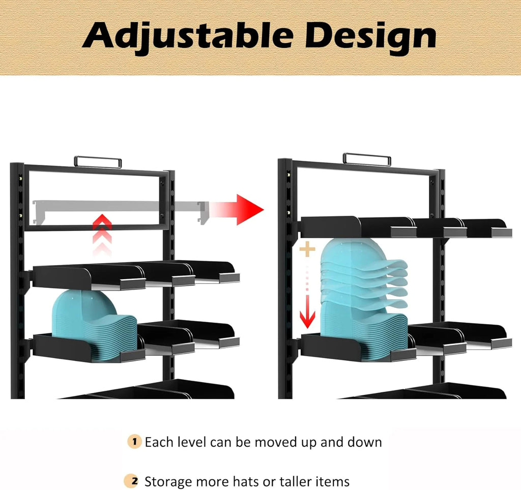 Ztysn 6 Tier Baseball Hat Rack Stand, Holds 180 Caps, 18 Trays, Adjustable Standing Coat Rack for Home Commercial Use,Black Metal