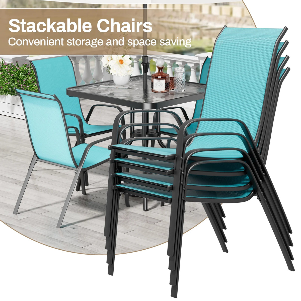 Pirecart 5-Piece Outdoor Patio Dining Table Set with 4 Stackable Textilene Chairs for for Patio, Lawn, Garden, Gray