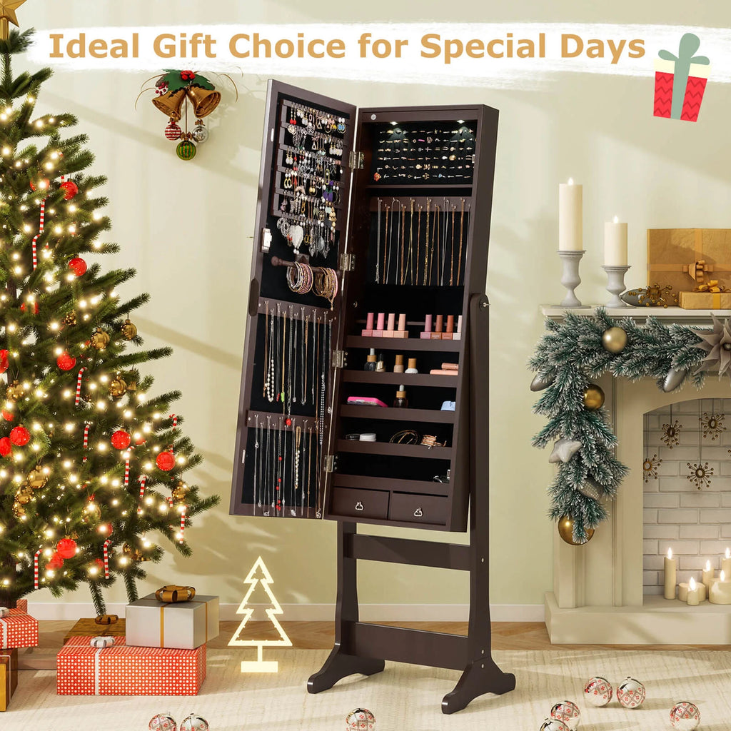 Costway Contemporary MDF Jewelry Cabinet with LED Lights in Brown