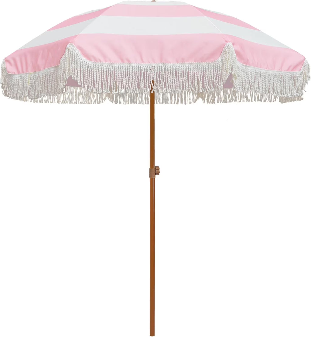 7ft Patio Umbrella with Fringe Outdoor Tassel Umbrella UPF50+ Premium Steel Pole and Ribs Push Button Tilt, Riviera Pink Stripe