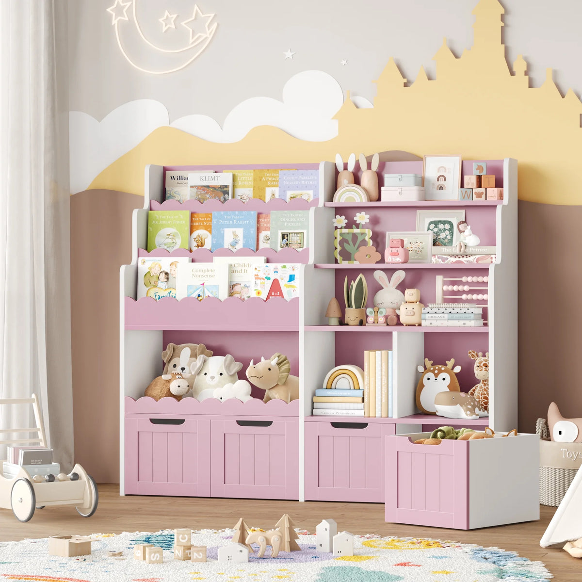 Hiphuta 47"Wide Large Kids Bookcase, Wood Bookshelf Toy Storage Organizer with Book Rack & Movable Boxes, White Bookshelf for Kids Room