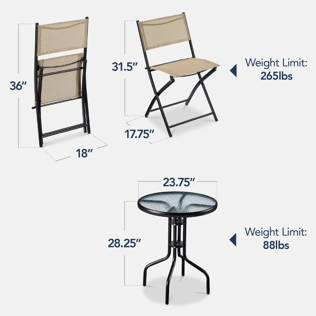 Best Choice Products 3-Piece Patio Bistro Dining Furniture Set w/ Glass Tabletop, Folding Chairs - Gray