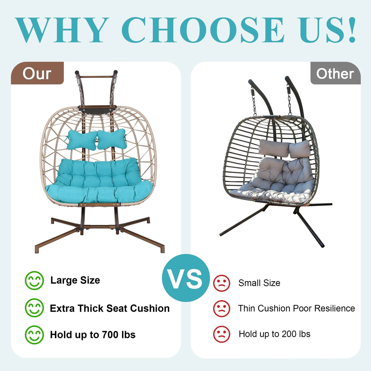 RADIATA Double Wicker Egg Swing Chair with Stand, 2-Person Hanging Egg Chair for Indoor/Outdoor, 700lbs Capacity, Thick Cushions & Headrest,Sturdy Metal Frame��Dark Gray