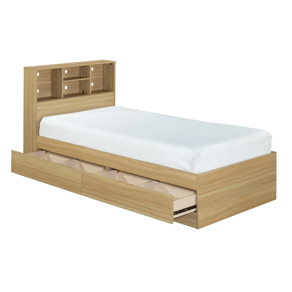 Your Zone Easy to Assemble Storage Bed with Bookcase Headboard, Twin, Natural Teak Finish