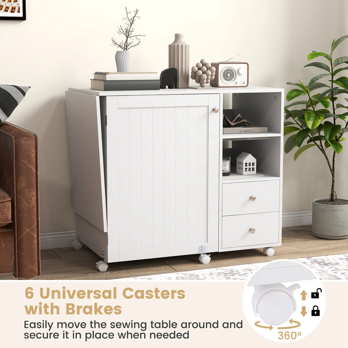 Costway Folding Sewing Table Charging Station Multifunctional Sewing Machine Cart Table