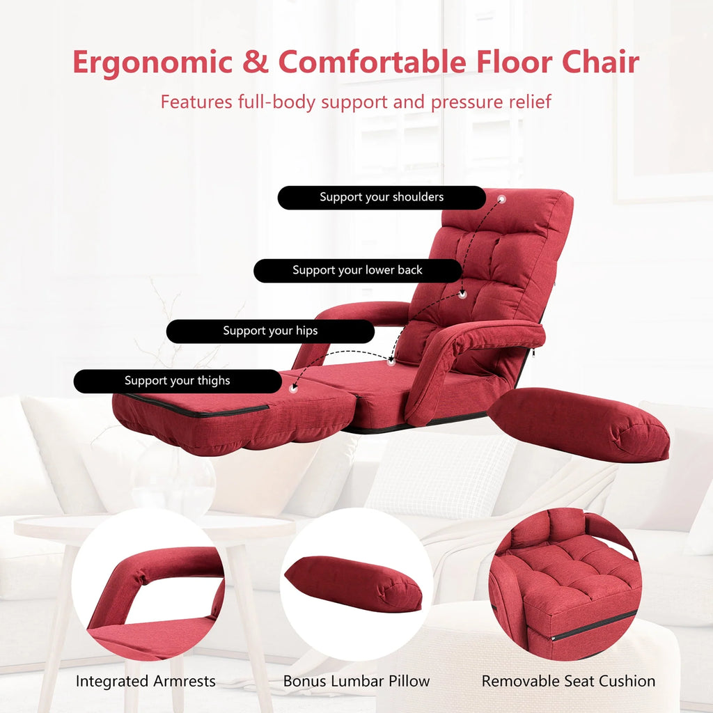 Costway Folding Floor Armchair w/ 6-position Adjustable Back & Lumbar Pillow Red
