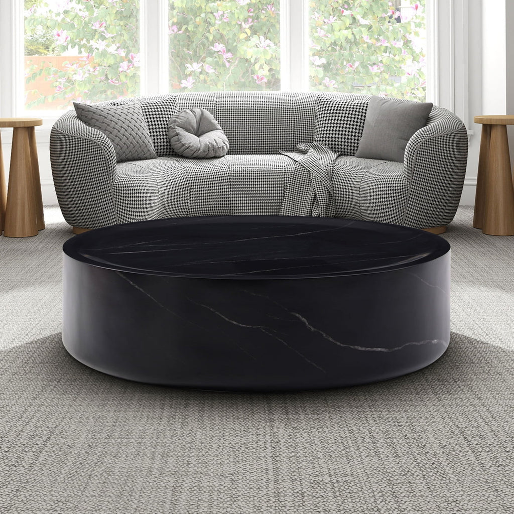 31.49'' Round Coffee Table with Marble Texture, Modern Low Drum Circle Fiberglass Coffee Table, Side Table Accent Table for Living Room, Outdoor, No Need Assembly, Marble