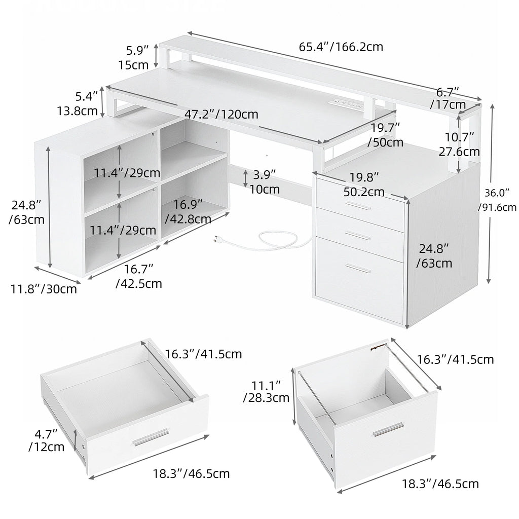 Dextrus 65" L Shaped Desk with Power Outlets and Monitor Stand , Computer Desk with LED Light &File Cabinet, Corner Desk with 3 Drawers & 4 Open Storage Shelves, Modern Home Office Desk, White